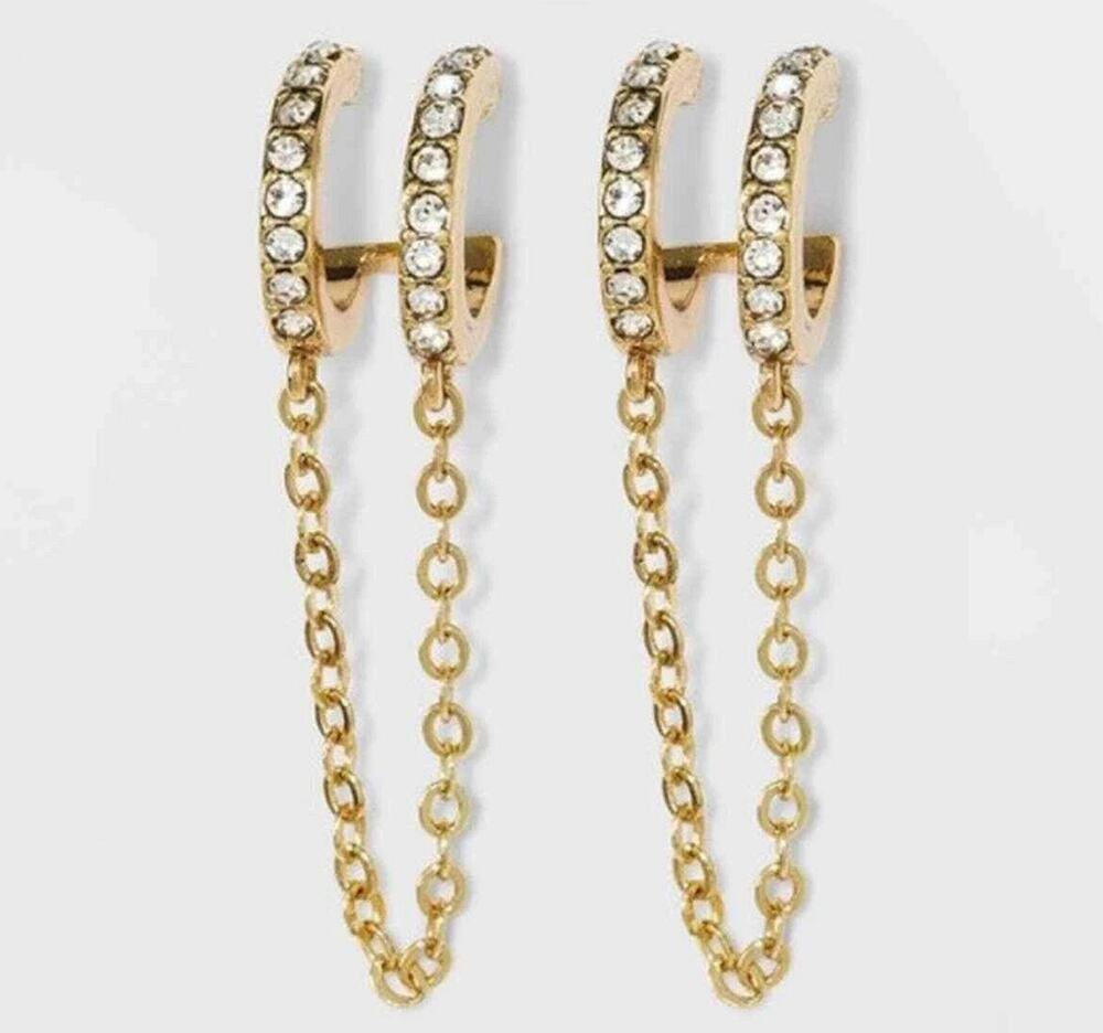 SUGARFIX by BaubleBar Double Hoop Stud Earrings with Chain – Clear, Nickel Free